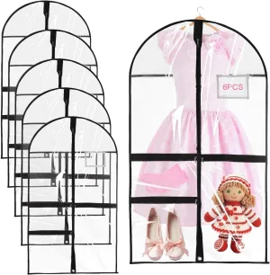 6pcs Dance Costume Bags, Clear PVC Kids Dance Garment Bags with 3 Pockets Clothes Cover Protector for Travel and Dance Competitions Hanging Clothes Storage Dress Uniform (40x22 Inch)