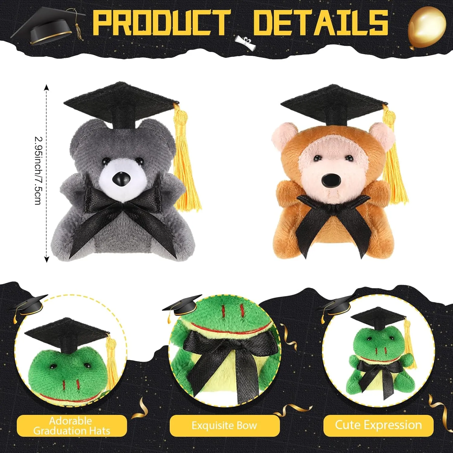 72 Pcs 2025 Graduation Mini Stuffed Animal with Cap End of Year Student Gifts from Teacher Class of 2025 Stuffed Bear Keychain Mini Grad Animal Lion for Graduation Party Favor Classroom Exchange Gift