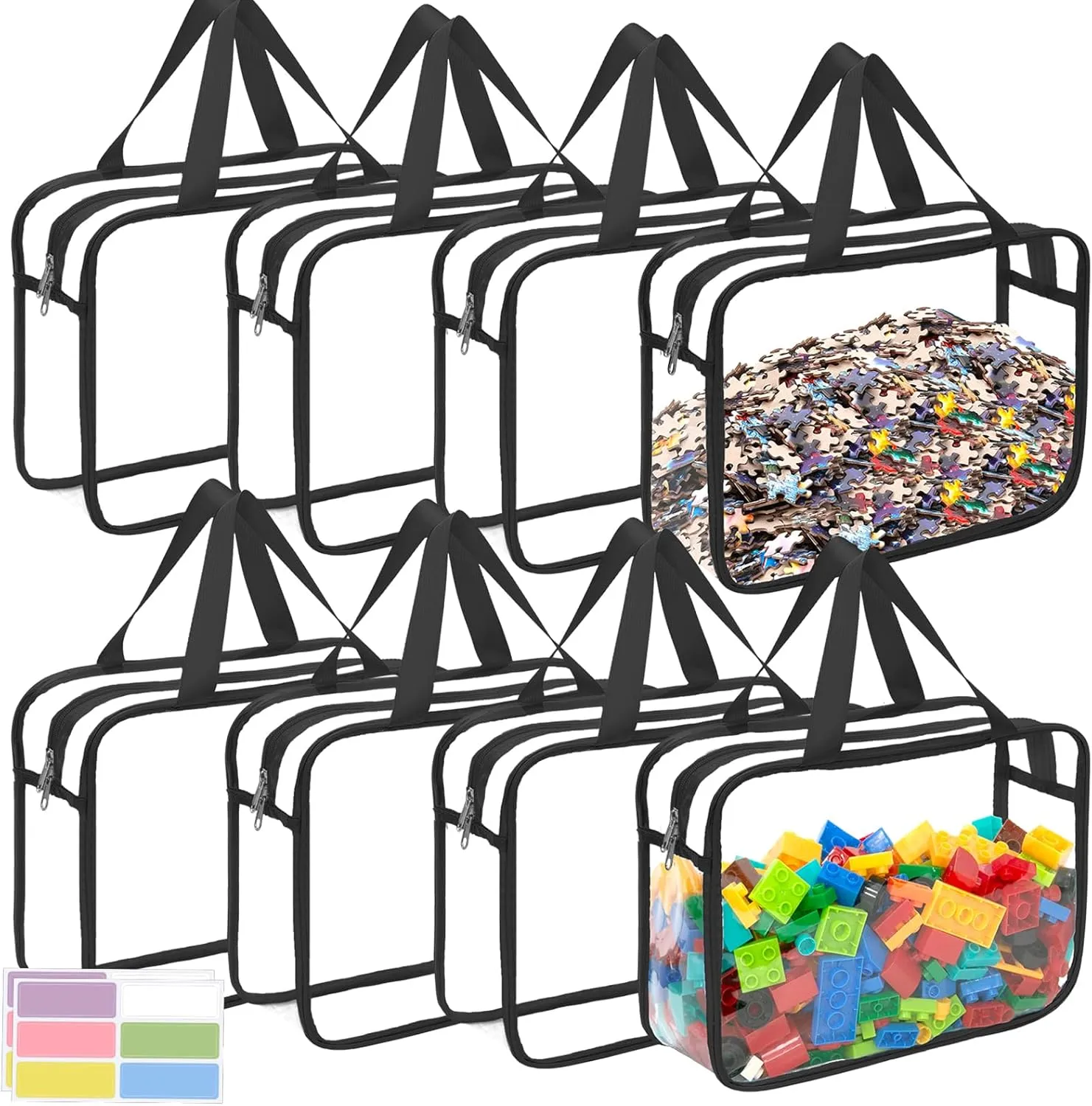 8 Packs Large Toy Storage Bags with Zipper and Labels, Clear PVC Waterproof Toy Organizers Bags for Board Games, Puzzles Pieces, Building Blocks, Handmade Accessories, Kid Books