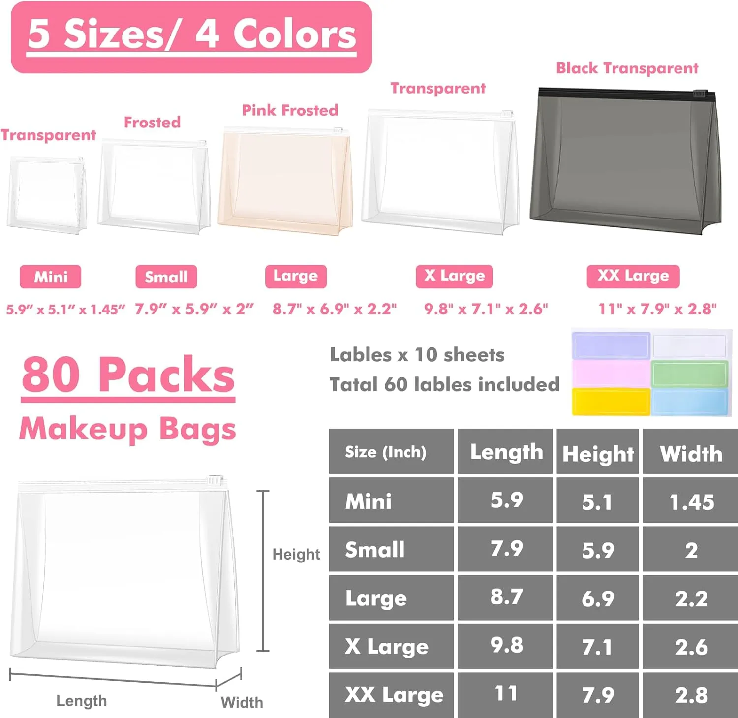 80 Pack Mini Clear Makeup Bag Organizer Pouches Cosmetic Zipper Pouch Small Travel Pouches for Toiletries Transparent EVA Reusable Wash Bags Bulk Waterproof Plastic Clear Gift Bags, Frosted, 5.9”