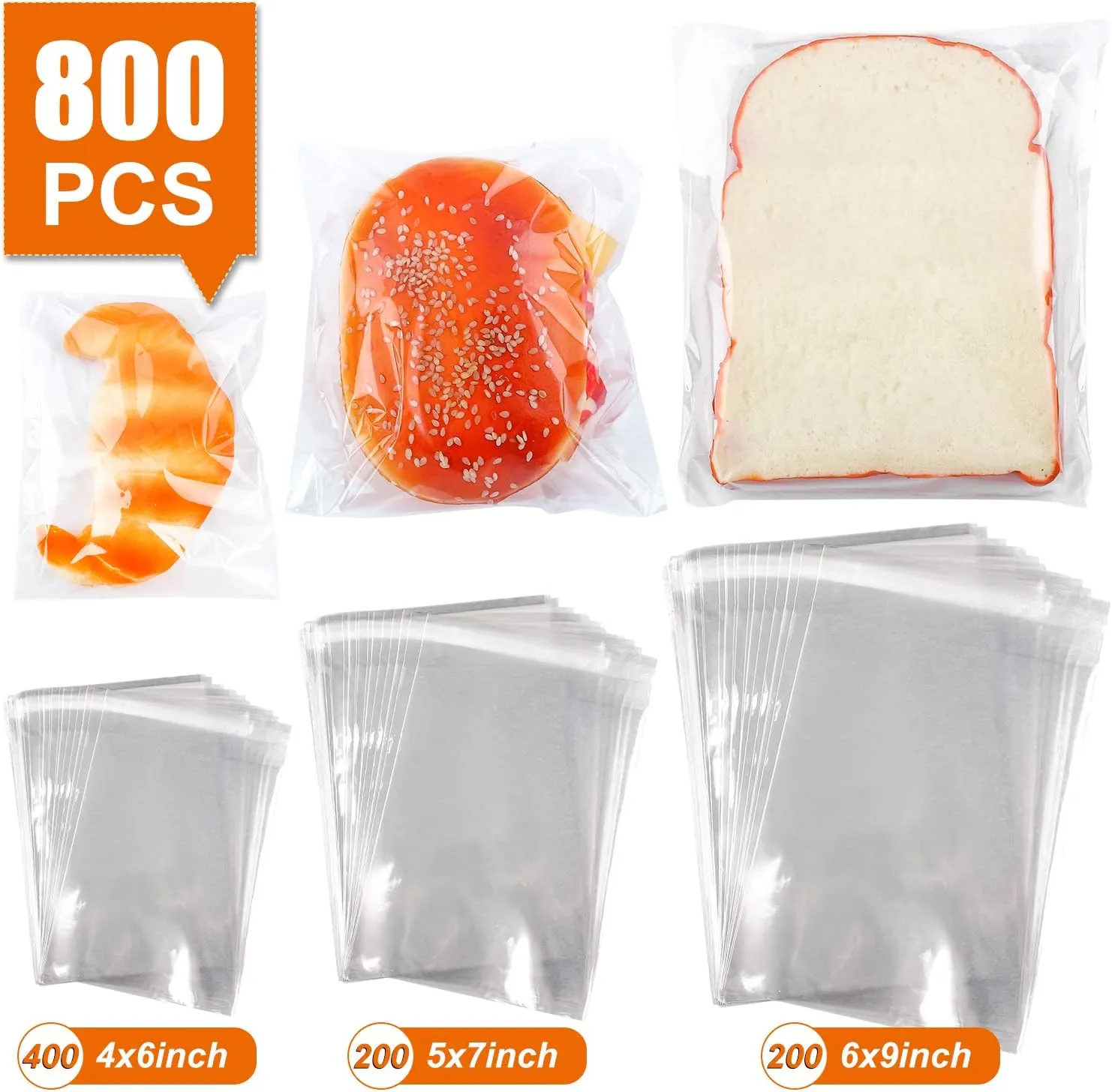 800 PCS Clear Re-sealable Cello/Cellophane Bags 3 Sizes with 4×6, 5×7, 6×9 Inch Good for Bakery, Snacks, Candle, Soap, Cookie, Jewelry, Cards