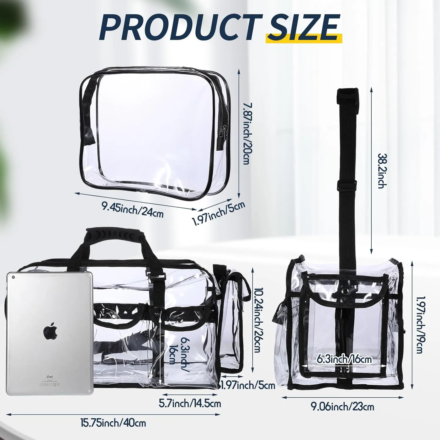 Abbylike 2 Pcs Large Professional Clear PVC Travel Makeup Bag with 4 External Pockets and Shoulder Strap Zippered Toiletry Bags for Women(Black)