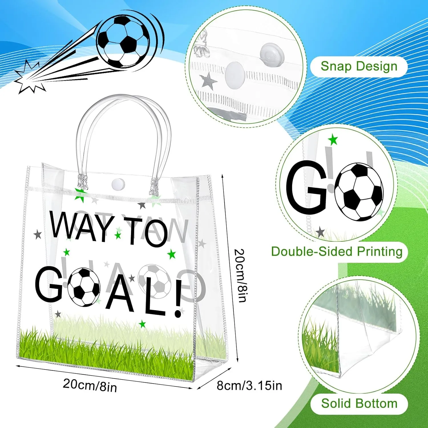 Abbylike 24 Pcs Soccer Clear PVC Gift Bag with Handles Party Favor Bag Candy Gift Treat Bags for Sports Theme Party Decorations Game Celebration Supplies Birthday Decorations