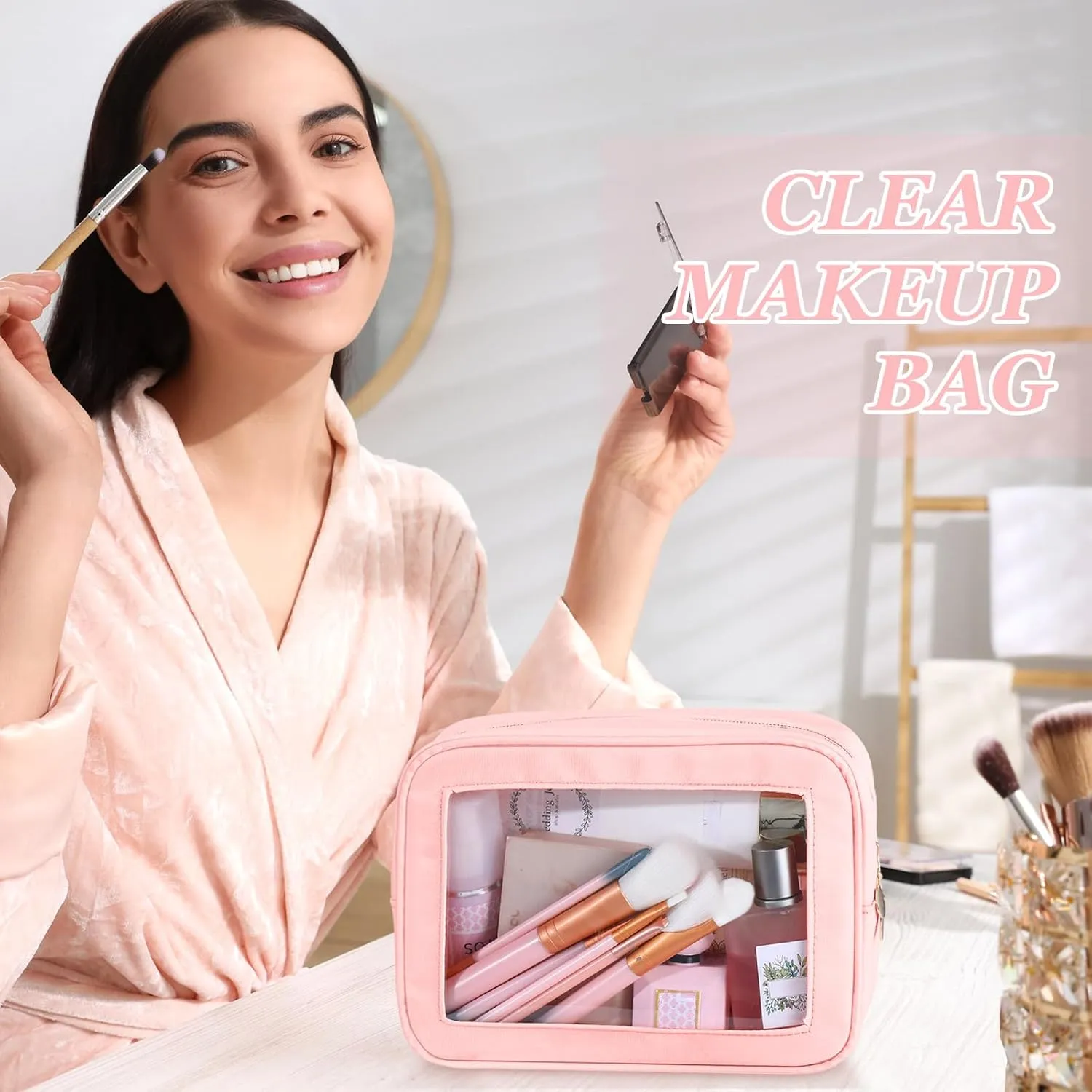 Abbylike 3 Pcs Clear Makeup Bags Travel Cosmetic Organizer Case Nylon Toiletry Bag with Zipper PVC Transparent Makeup Pouch Portable Storage Car Essentials for Women Gifts(Pink)