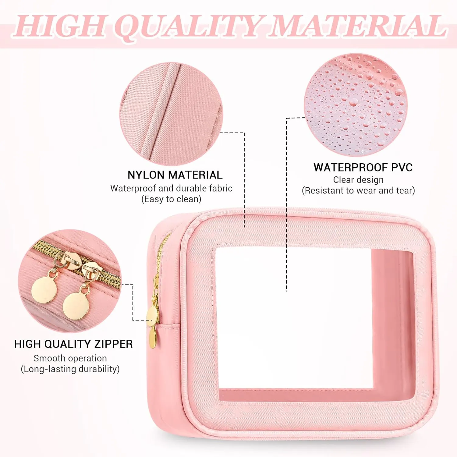 Abbylike 3 Pcs Clear Makeup Bags Travel Cosmetic Organizer Case Nylon Toiletry Bag with Zipper PVC Transparent Makeup Pouch Portable Storage Car Essentials for Women Gifts(Pink)