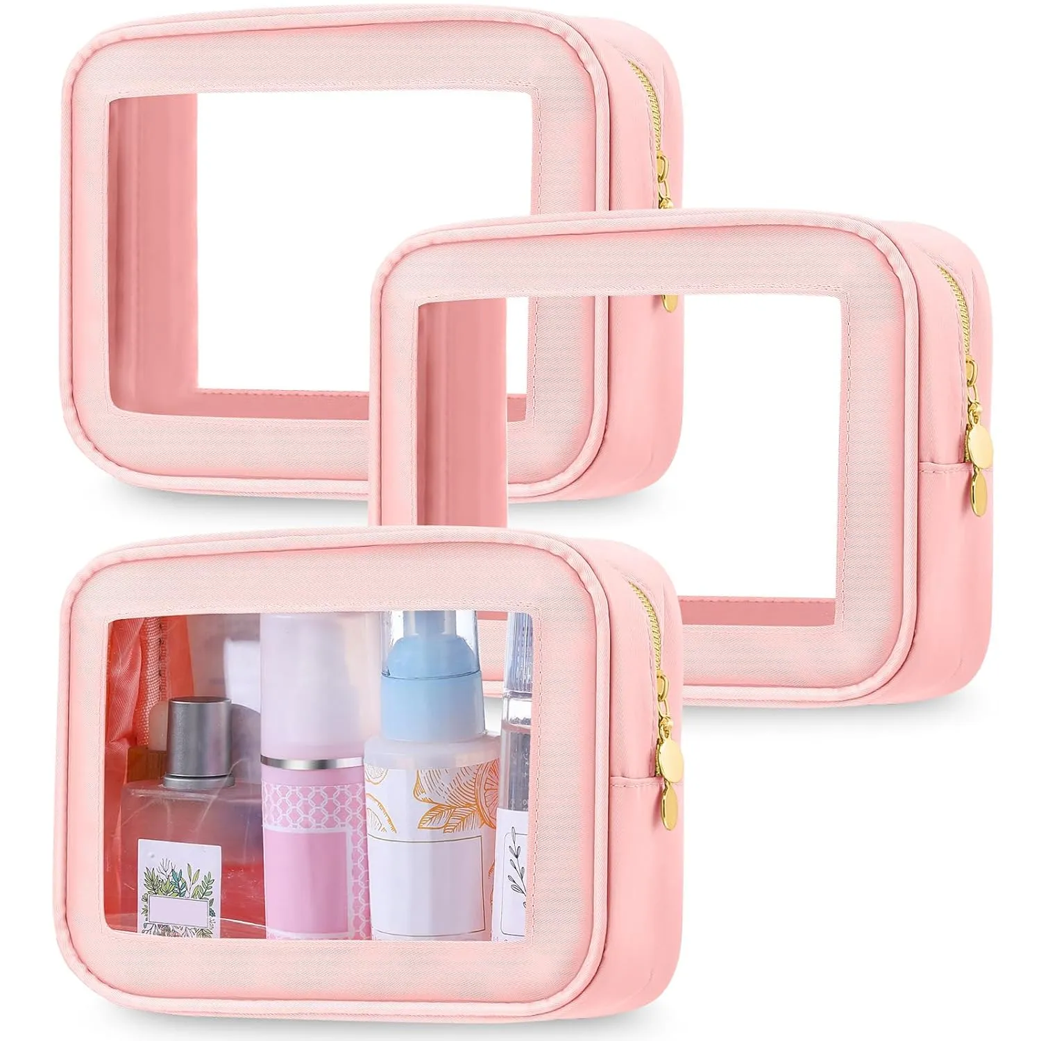 Abbylike 3 Pcs Clear Makeup Bags Travel Cosmetic Organizer Case Nylon Toiletry Bag with Zipper PVC Transparent Makeup Pouch Portable Storage Car Essentials for Women Gifts(Pink)