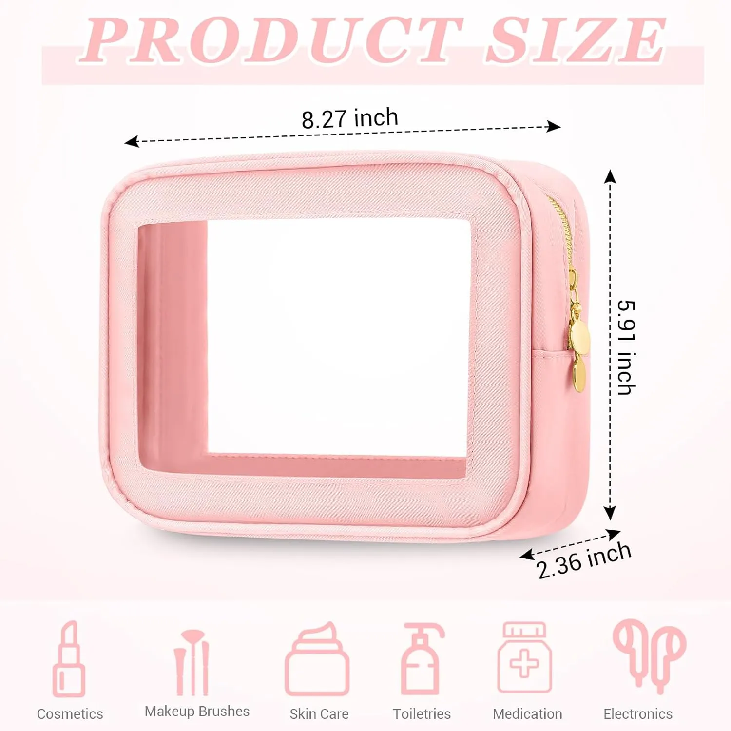 Abbylike 3 Pcs Clear Makeup Bags Travel Cosmetic Organizer Case Nylon Toiletry Bag with Zipper PVC Transparent Makeup Pouch Portable Storage Car Essentials for Women Gifts(Pink)