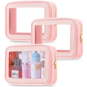 Abbylike 3 Pcs Clear Makeup Bags Travel Cosmetic Organizer Case Nylon Toiletry Bag with Zipper PVC Transparent Makeup Pouch Portable Storage Car Essentials for Women Gifts(Pink)