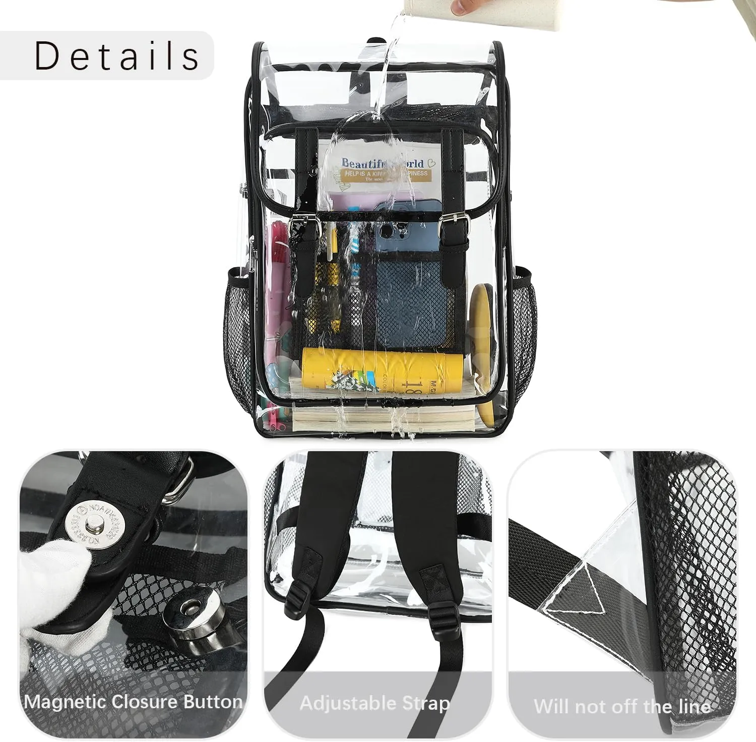 abshoo Heavy Duty Clear Backpack for School Girls Boys Transparent School Bookbag (black)