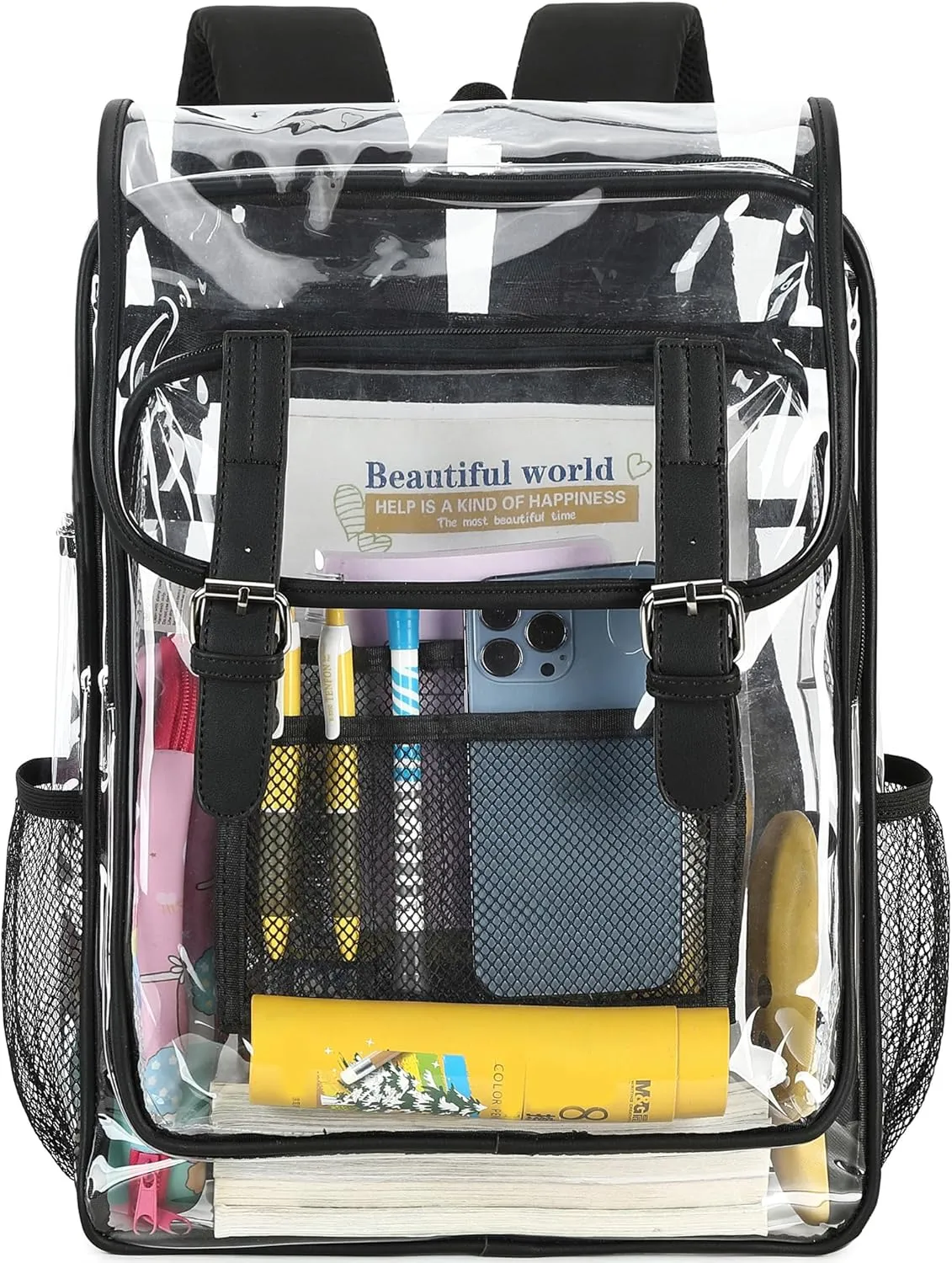 abshoo Heavy Duty Clear Backpack for School Girls Boys Transparent School Bookbag (black)