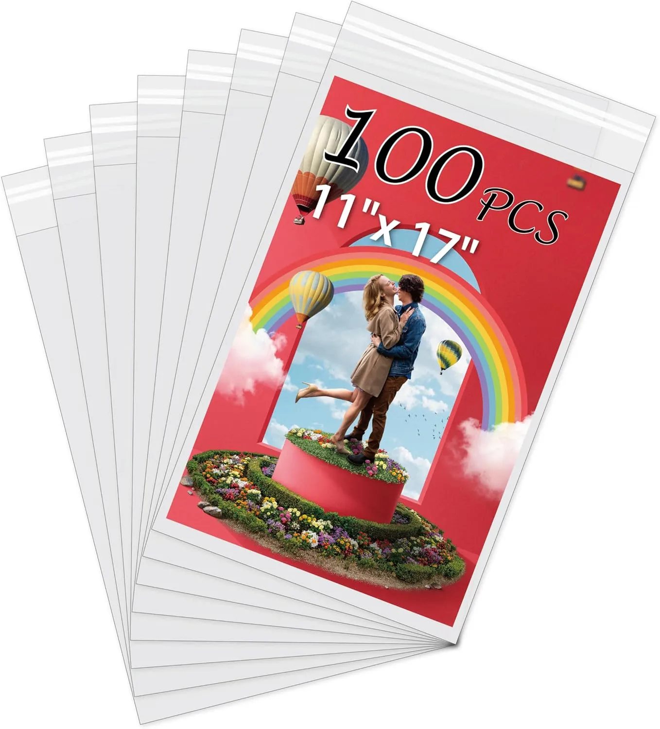 Acid-Free Picture Sleeves, 100 Pack Crystal Clear Storage Bags for 11x17 Art Prints, Pictures, Photos, Frame Mats (Bag Size: 11 3/7"x17 1/2")