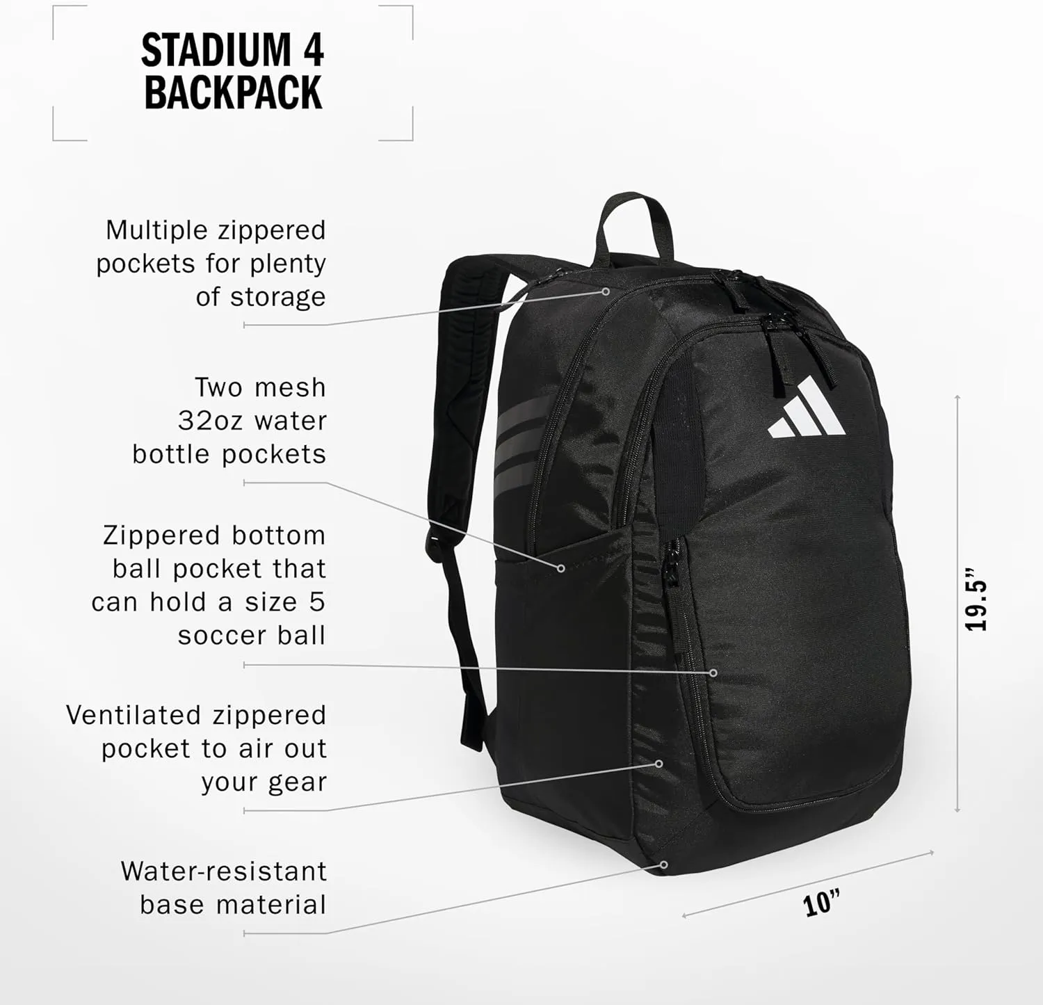 adidas Stadium Team Sports Backpack for Men and Women (36l) Durable Athletic Laptop Bag, Black/4.0, One Size