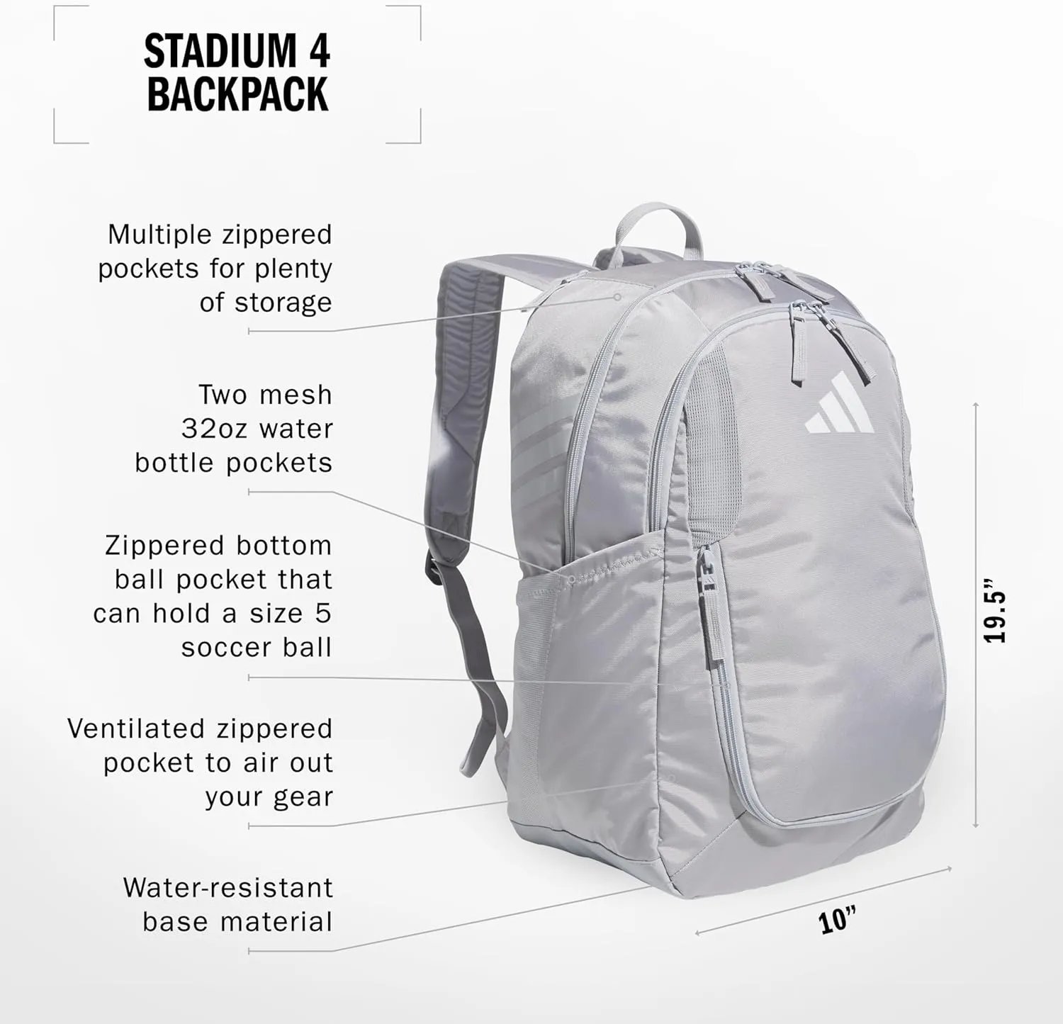 adidas Stadium Team Sports Backpack for Men and Women (36l) Durable Athletic Laptop Bag, Light Grey/4.0, One Size