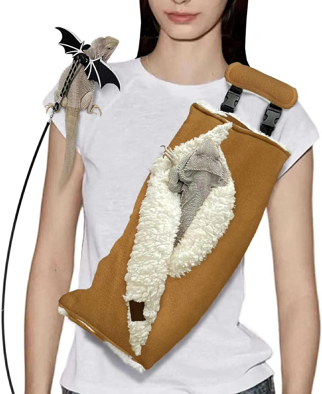 Adjustable Fluffy Bearded Dragon Sling Carrier Bag, Reptile Carrier with Leash Harness Lizard Cage Accessories for Small Animal, Kitty, Ferrets, Squirrel, Hamsters,Parrot (Brown)