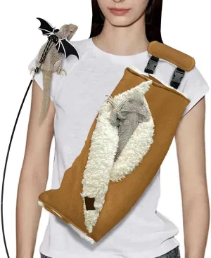 Adjustable Fluffy Bearded Dragon Sling Carrier Bag, Reptile Carrier with Leash Harness Lizard Cage Accessories for Small Animal, Kitty, Ferrets, Squirrel, Hamsters,Parrot (Brown)