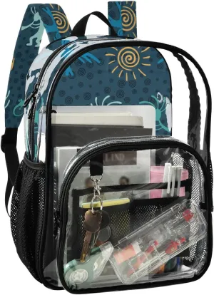 Aflyko PVC Backpack Kokopelli Gecko Cacti Sun Fertility Blue Yellow Transparent Bag Stadium Approved Daypack for Live House Concert Sport Game Festival Event Traveling