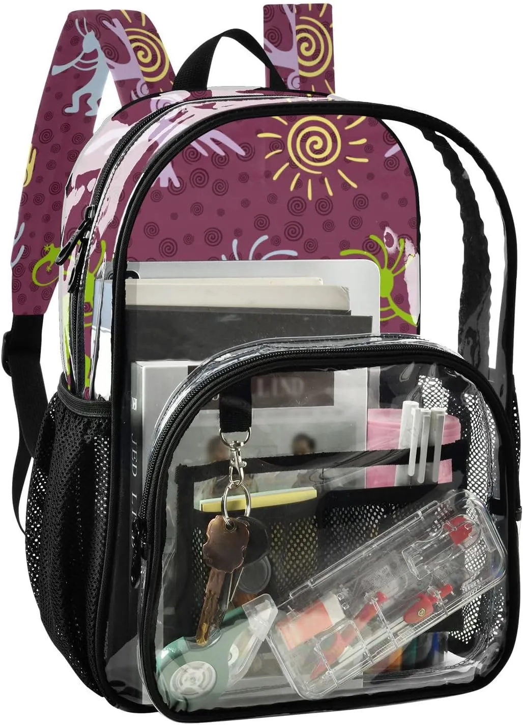 Aflyko PVC Backpack Kokopelli Gecko Cacti Sun Fertility Green Dark Transparent Bag Stadium Approved Daypack for Live House Concert Sport Game Festival Event Traveling