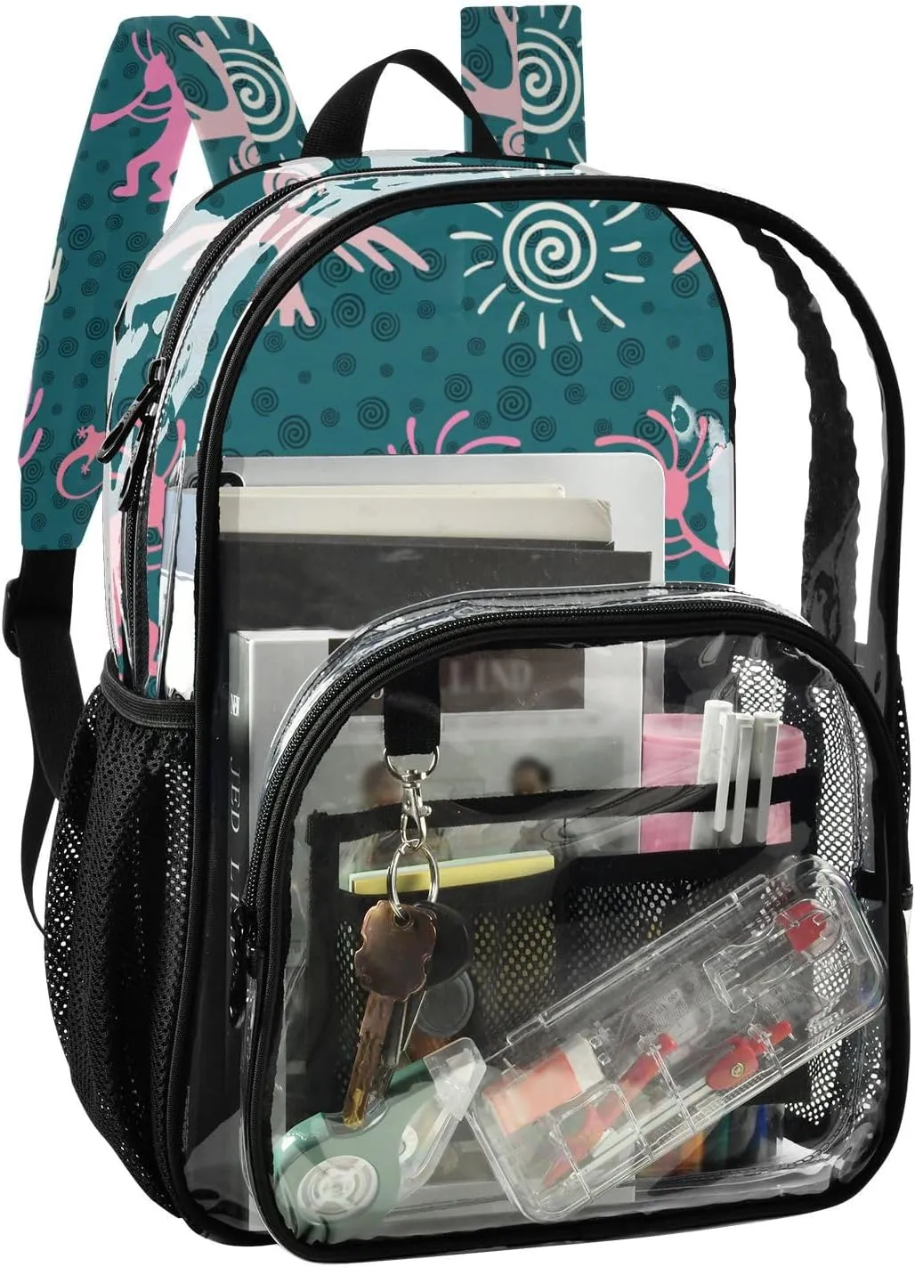 Aflyko PVC Backpack Kokopelli Gecko Cacti Sun Fertility Pinks Transparent Bag Stadium Approved Daypack for Live House Concert Sport Game Festival Event Traveling