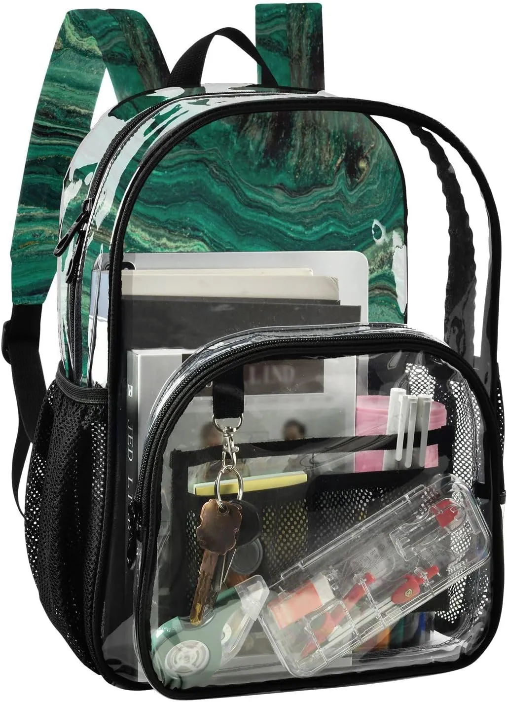 Aflyko PVC Backpack Luxury Green Marble Geography Transparent Bag Stadium Approved Daypack for Live House Concert Sport Game Festival Event Traveling