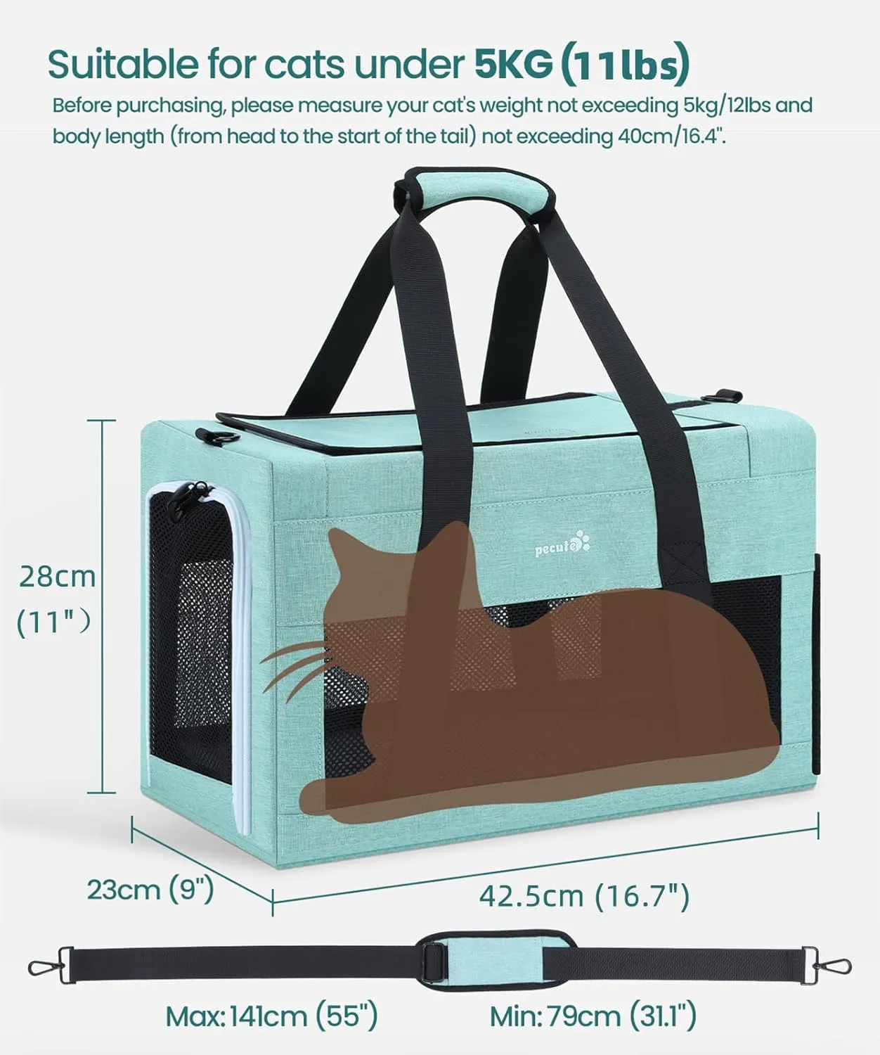 Airline Approved Cat Carrier, Pet Carrier Soft-Sided, Portable Dog Carrier with Stable Structure, Breathable Bag for Pets Less Than 12lbs, Cat Carrier Bag for Both Long and Short Trips Light Blue