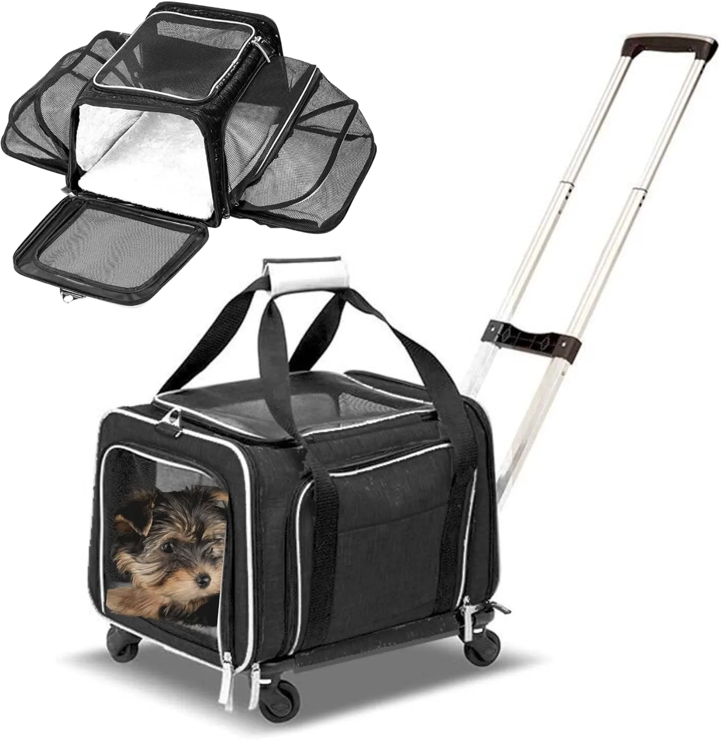 Airline Approved Expandable Premium Pet Carrier on Wheels- Two Sided Rolling Carrier- Designed for Dogs & Cats- Extra Spacious Soft Lined Carrier! (Black) (RL-PET-CARRIER-WHEELS)