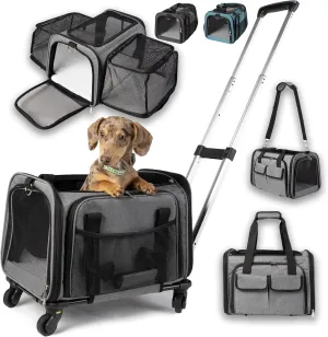 Airline Approved Pet Carrier with Wheels - Two Expandable Sides and Multiple Storage Pockets - Rolling Dog and Cat Carrier TSA Compliant (Grey)