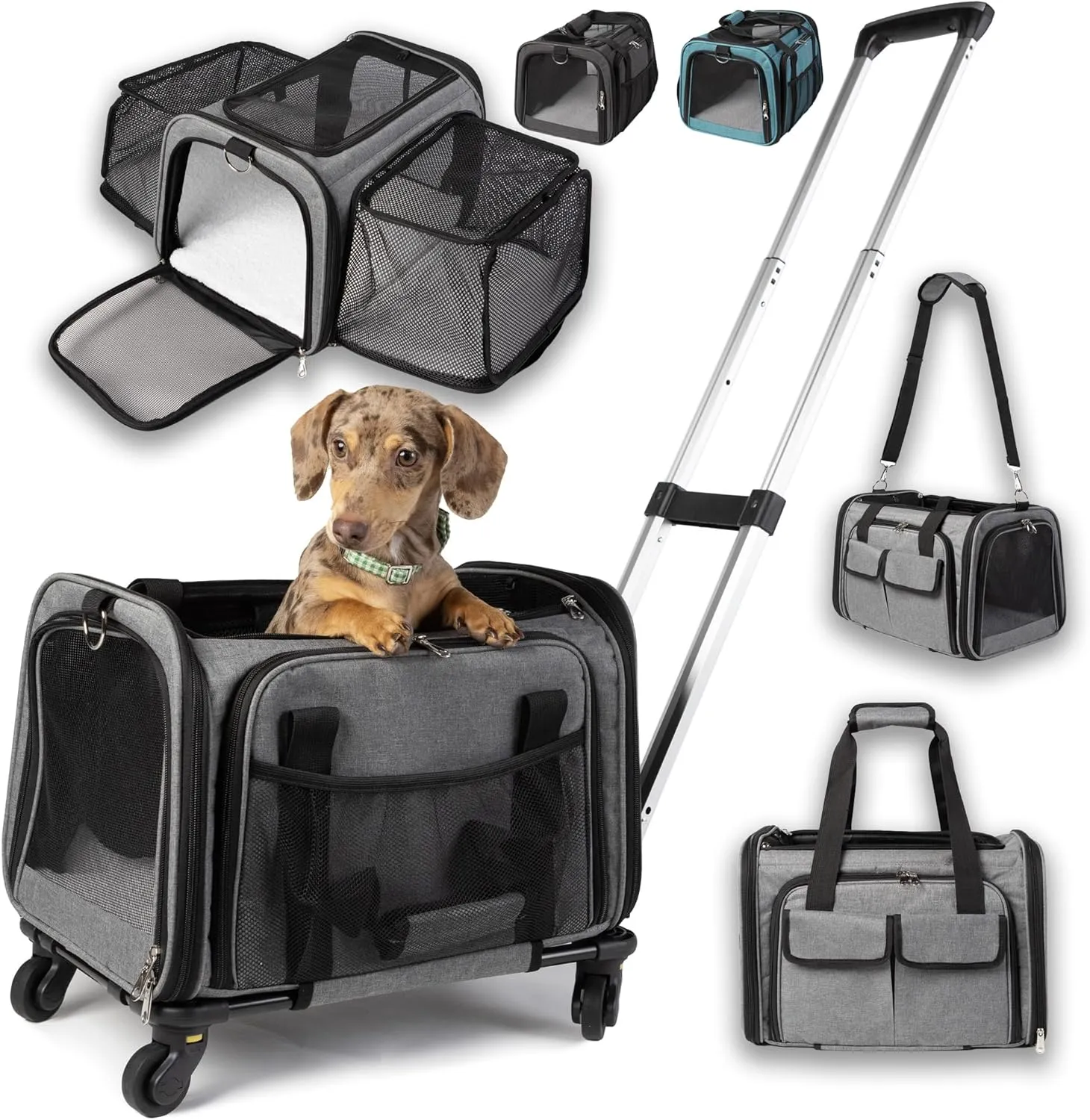 Airline Approved Pet Carrier with Wheels - Two Expandable Sides and Multiple Storage Pockets - Rolling Dog and Cat Carrier TSA Compliant (Grey)
