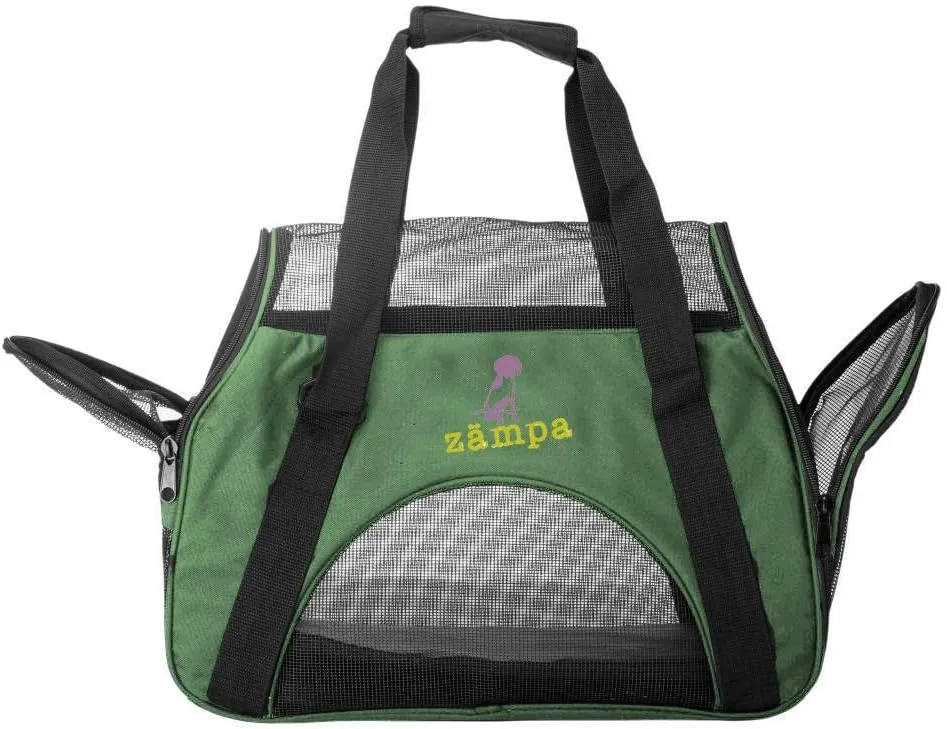 Airline Approved Soft Sided Pet Carrier by Zampa, Low Profile Travel Tote, Removable pad, Premium Zippers & Under Seat Compatibility, for Cats and Small Dogs (15" x 17" x 7", Olive Green)