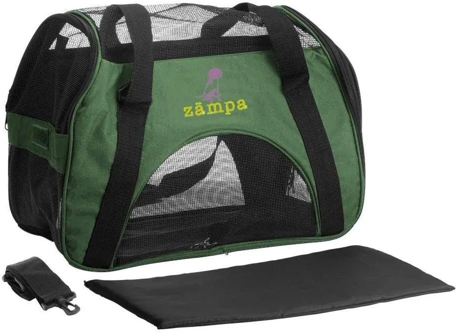 Airline Approved Soft Sided Pet Carrier by Zampa, Low Profile Travel Tote, Removable pad, Premium Zippers & Under Seat Compatibility, for Cats and Small Dogs (15" x 17" x 7", Olive Green)