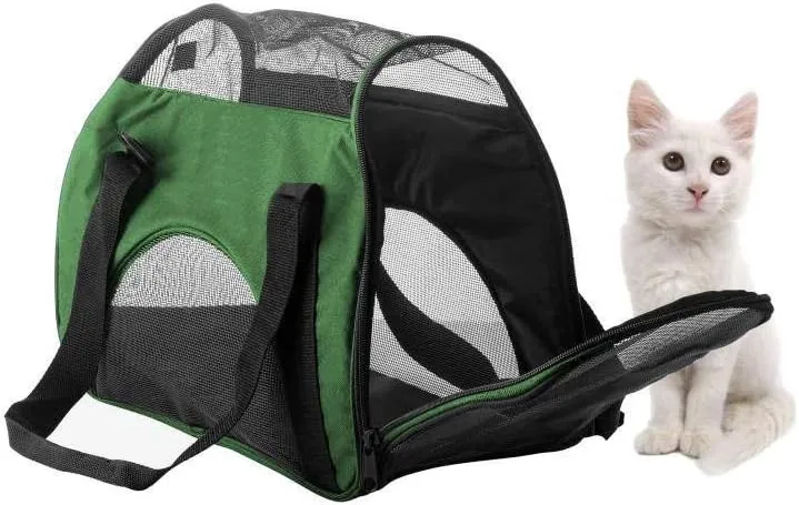 Airline Approved Soft Sided Pet Carrier by Zampa, Low Profile Travel Tote, Removable pad, Premium Zippers & Under Seat Compatibility, for Cats and Small Dogs (15" x 17" x 7", Olive Green)
