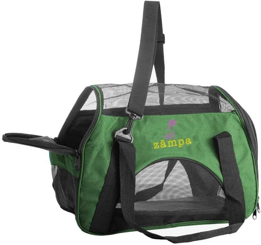 Airline Approved Soft Sided Pet Carrier by Zampa, Low Profile Travel Tote, Removable pad, Premium Zippers & Under Seat Compatibility, for Cats and Small Dogs (15" x 17" x 7", Olive Green)
