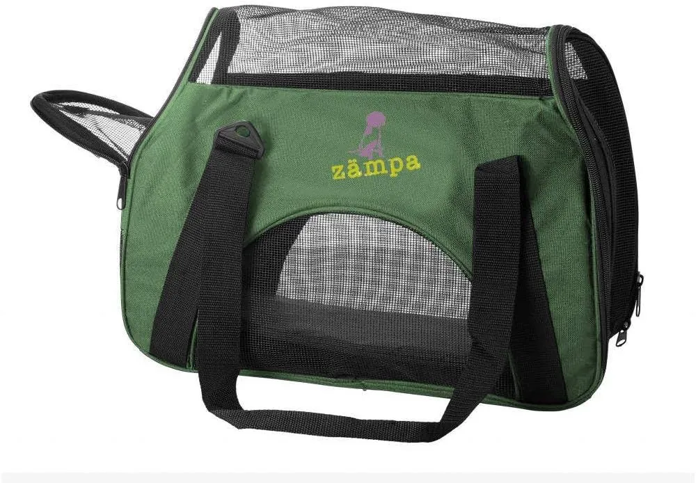 Airline Approved Soft Sided Pet Carrier by Zampa, Low Profile Travel Tote, Removable pad, Premium Zippers & Under Seat Compatibility, for Cats and Small Dogs (15" x 17" x 7", Olive Green)