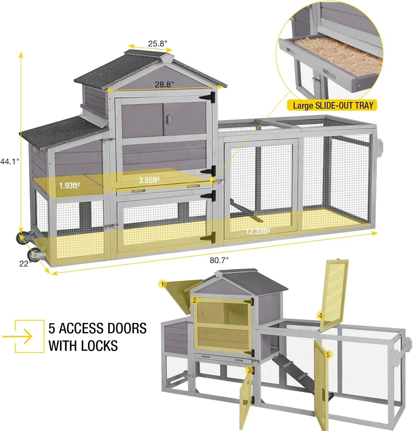 Aivituvin Chicken Coop Expandable Mobile Chicken House for Outdoor with Wheels, Nesting Box, Leakproof Pull-on Tray and UV-Resistant Roof Panel ((Grey-N))