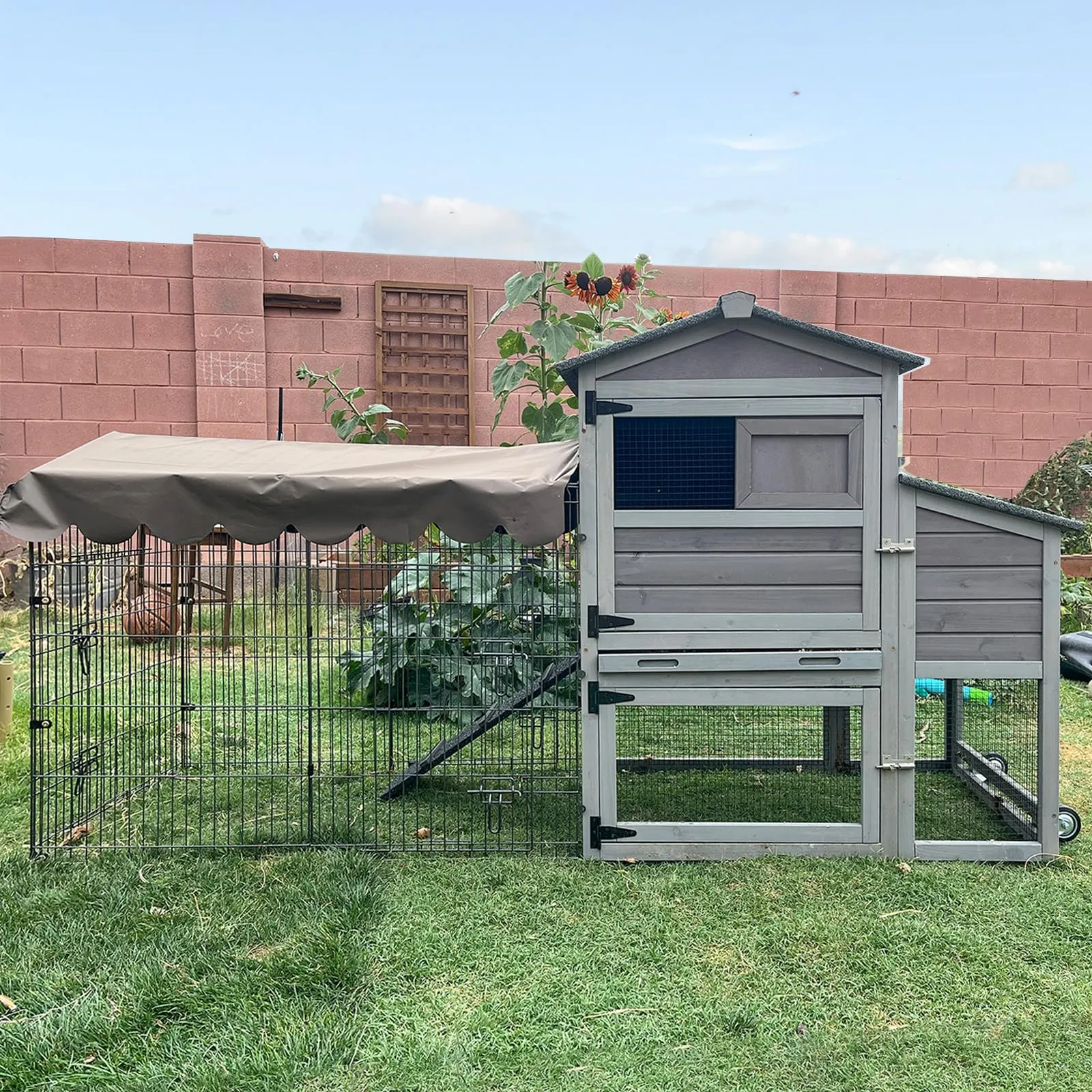 Aivituvin Chicken Coop Mobile Chicken House with Metal Chicken Run Outdoor Rabbit Hutch Wooden Hen House Chicken Tractor with Wheels 82"