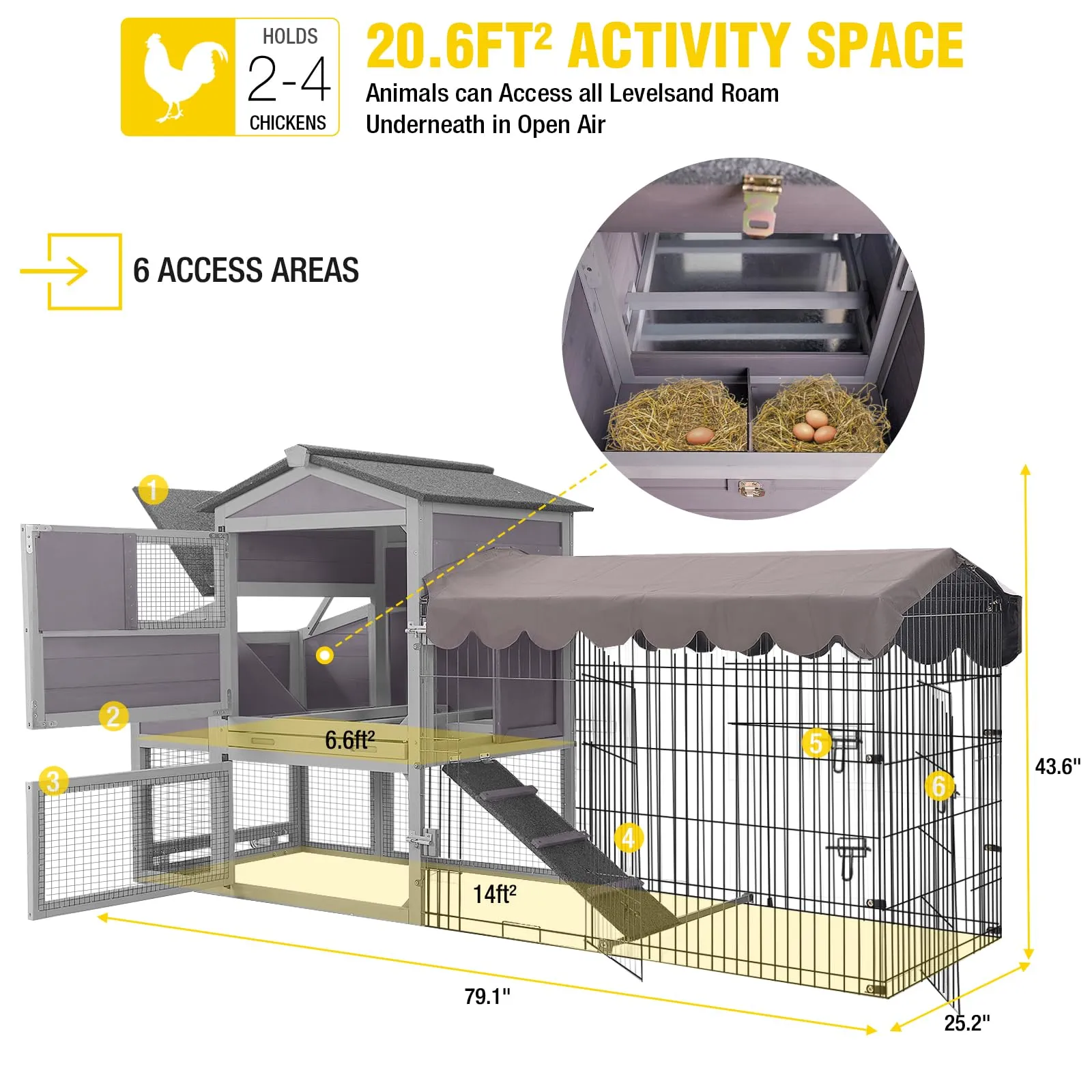 Aivituvin Chicken Coop Mobile Chicken House with Metal Chicken Run Outdoor Rabbit Hutch Wooden Hen House Chicken Tractor with Wheels 82"