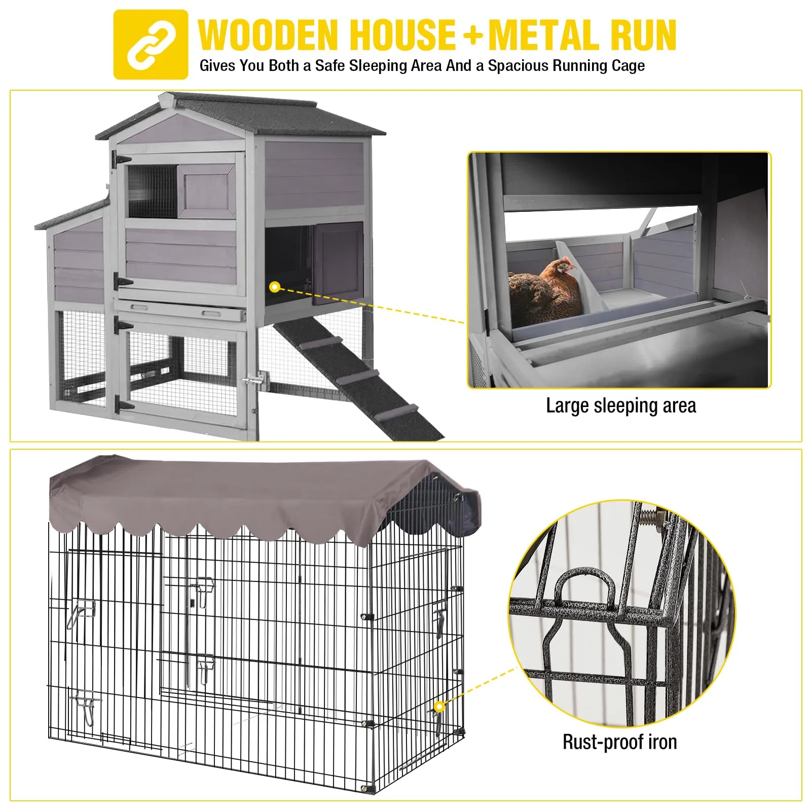 Aivituvin Chicken Coop Mobile Chicken House with Metal Chicken Run Outdoor Rabbit Hutch Wooden Hen House Chicken Tractor with Wheels 82"