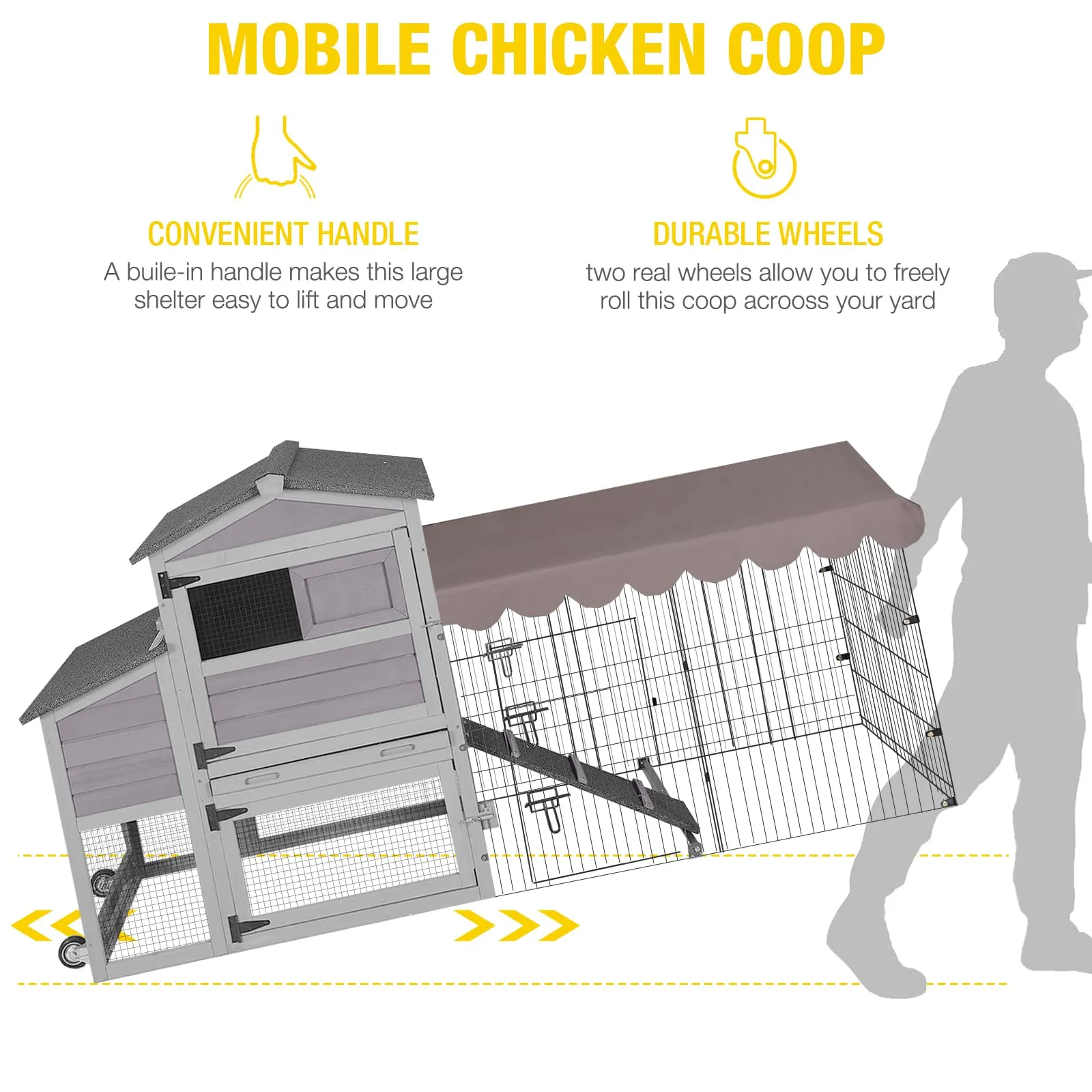 Aivituvin Chicken Coop Mobile Chicken House with Metal Chicken Run Outdoor Rabbit Hutch Wooden Hen House Chicken Tractor with Wheels 82"