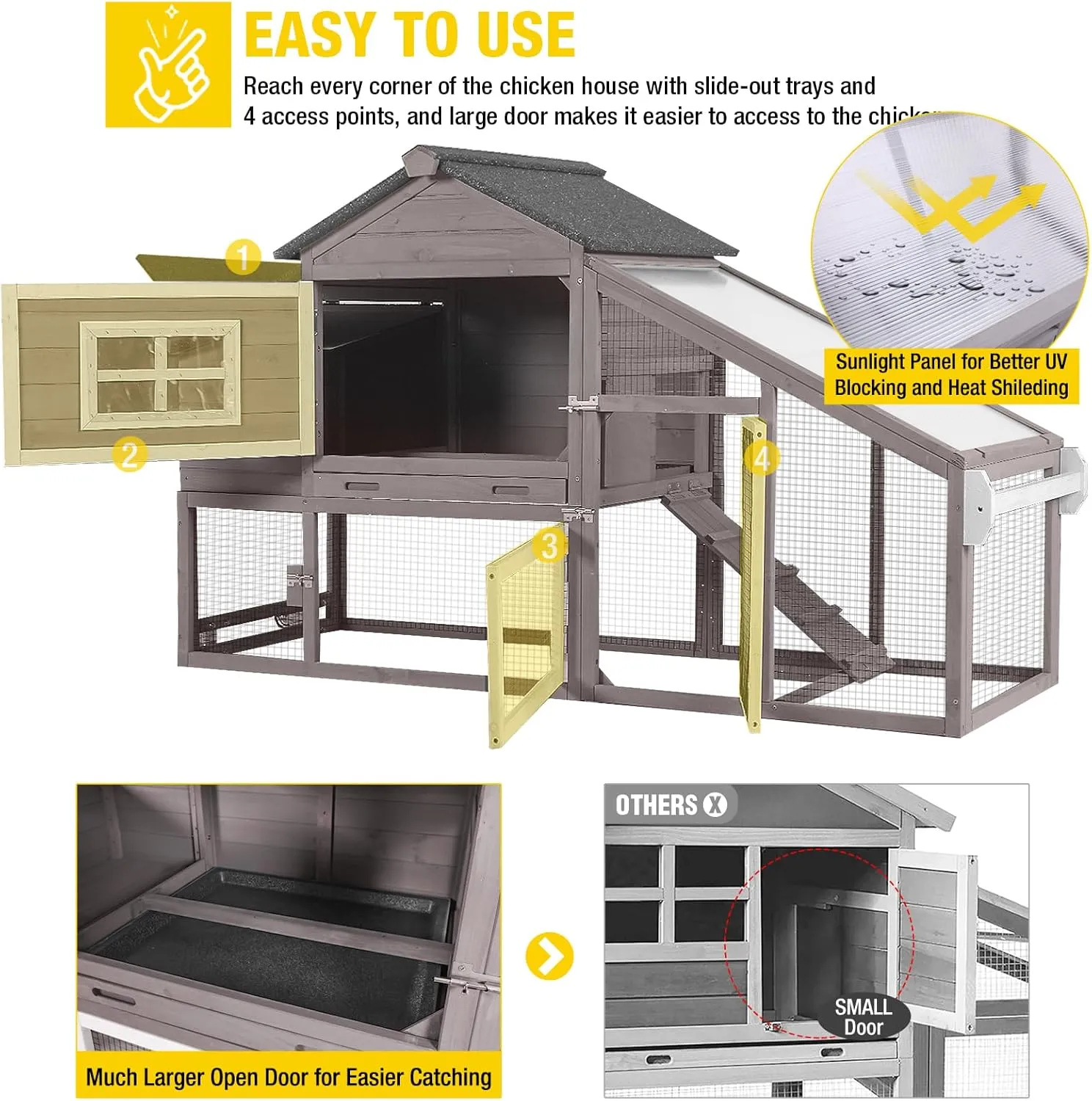 Aivituvin Chicken Coop Outdoor with Wheels and Nesting Box, Mobile Hen Duck House Wooden Poultry Cage with Run, Waterproof Roof (Brown)