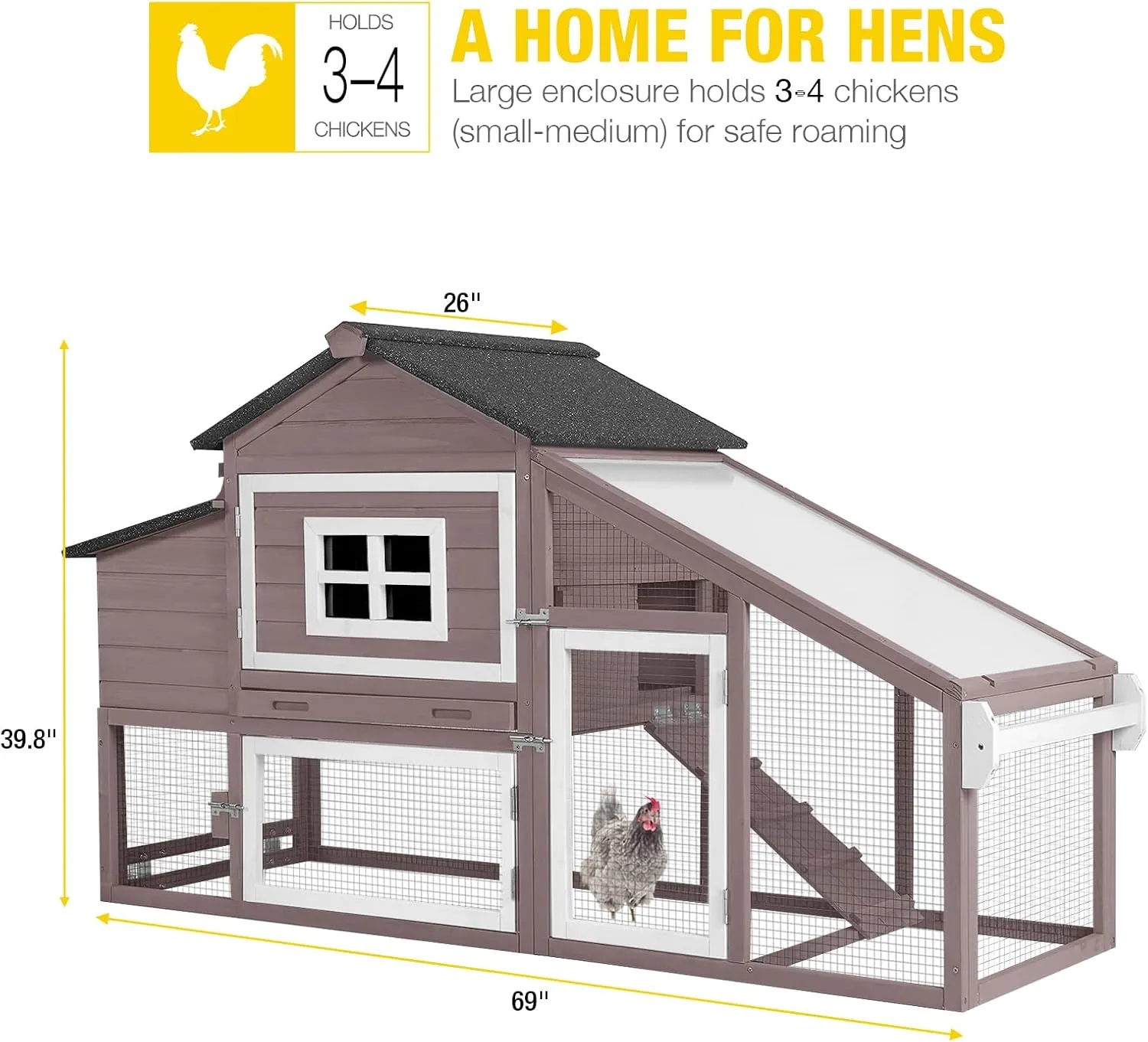 Aivituvin Chicken Coop Outdoor with Wheels and Nesting Box, Mobile Hen Duck House Wooden Poultry Cage with Run, Waterproof Roof (Brown)