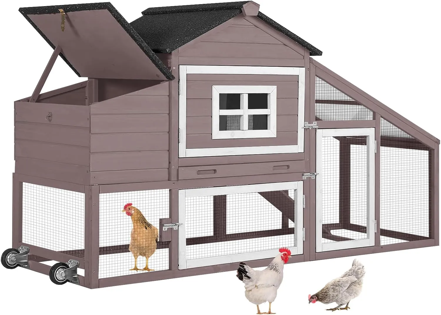 Aivituvin Chicken Coop Outdoor with Wheels and Nesting Box, Mobile Hen Duck House Wooden Poultry Cage with Run, Waterproof Roof (Brown)