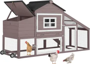 Aivituvin Chicken Coop Outdoor with Wheels and Nesting Box, Mobile Hen Duck House Wooden Poultry Cage with Run, Waterproof Roof (Brown)