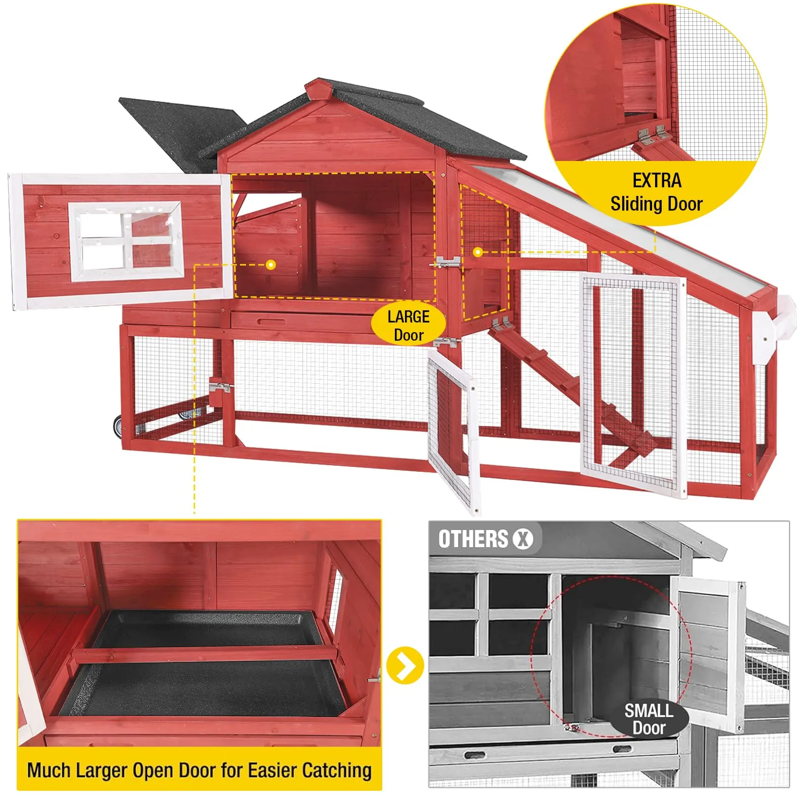 Aivituvin Chicken Coop Outdoor with Wheels, Mobile Hen House Wooden Poultry Cage with Run & Waterproof Roof (Red with White)