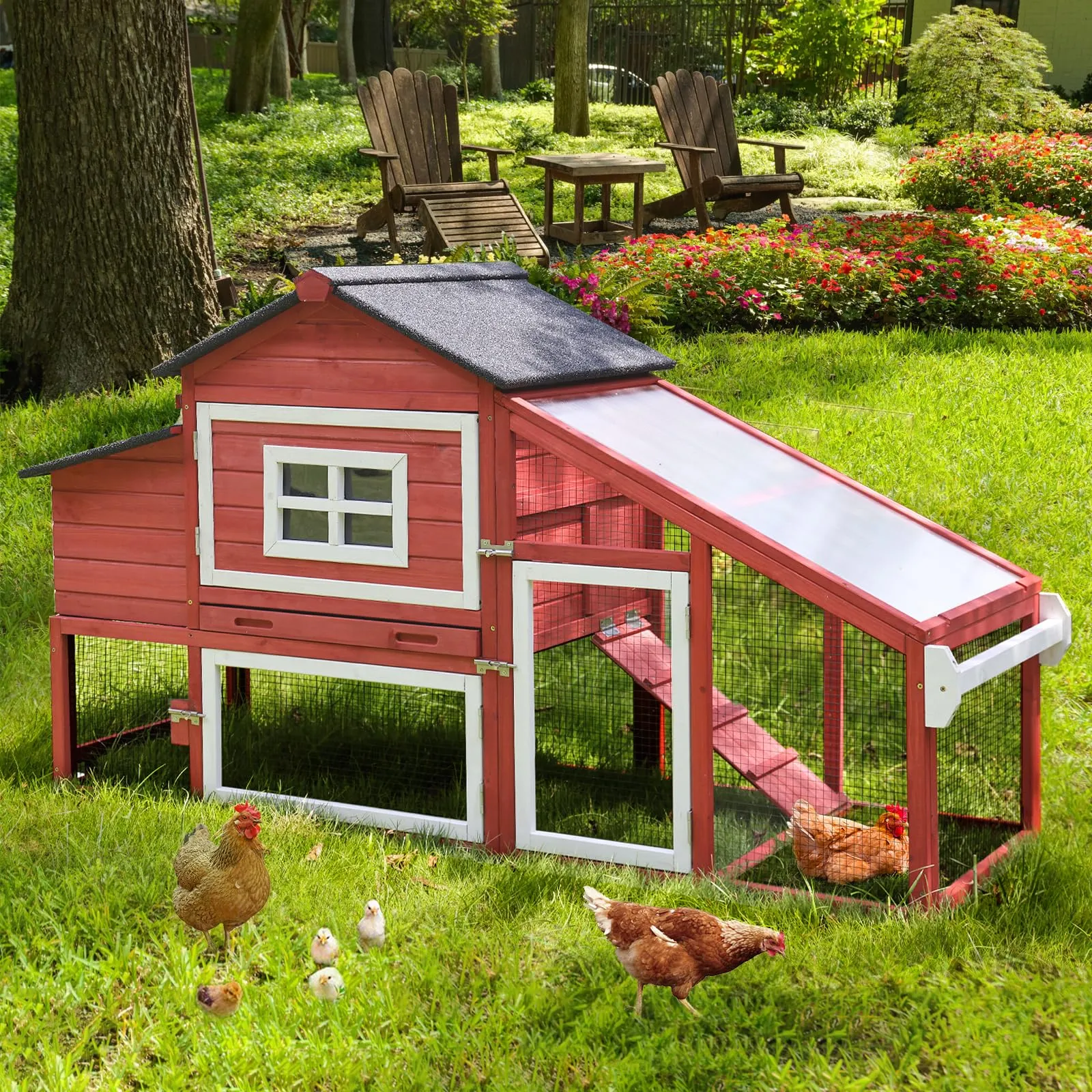 Aivituvin Chicken Coop Outdoor with Wheels, Mobile Hen House Wooden Poultry Cage with Run & Waterproof Roof (Red with White)