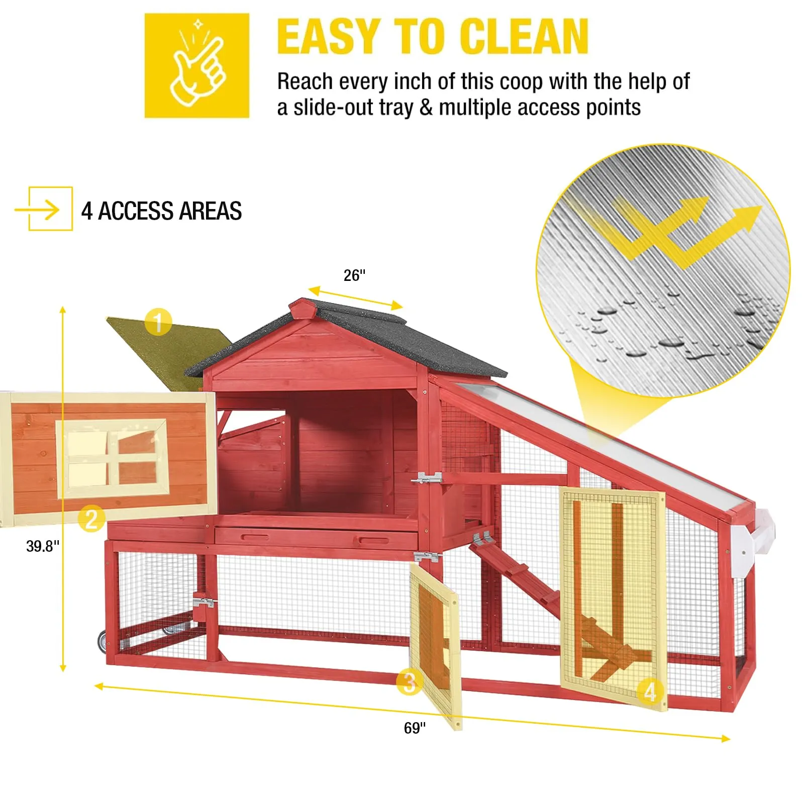 Aivituvin Chicken Coop Outdoor with Wheels, Mobile Hen House Wooden Poultry Cage with Run & Waterproof Roof (Red with White)