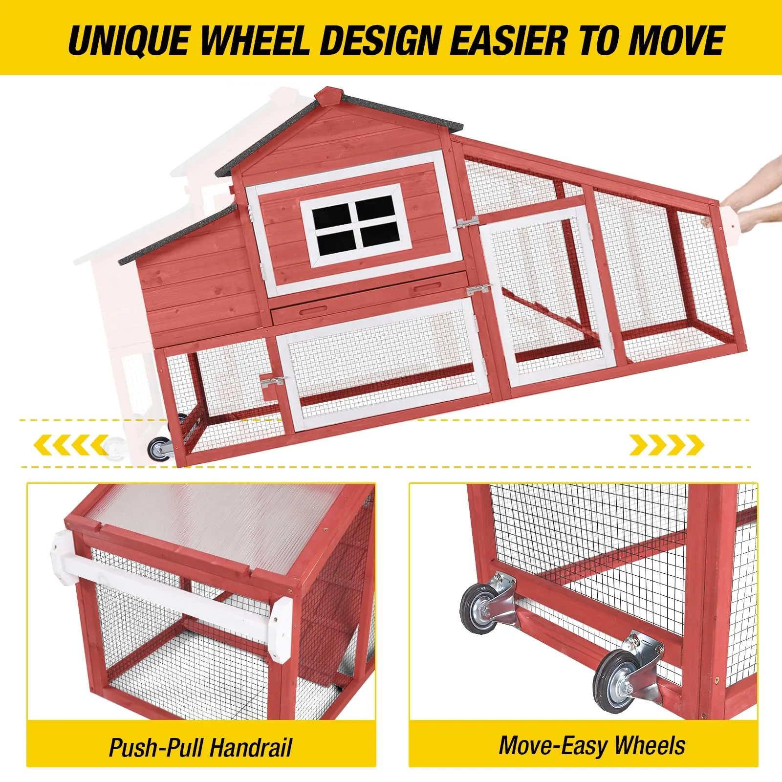 Aivituvin Chicken Coop Outdoor with Wheels, Mobile Hen House Wooden Poultry Cage with Run & Waterproof Roof (Red with White)