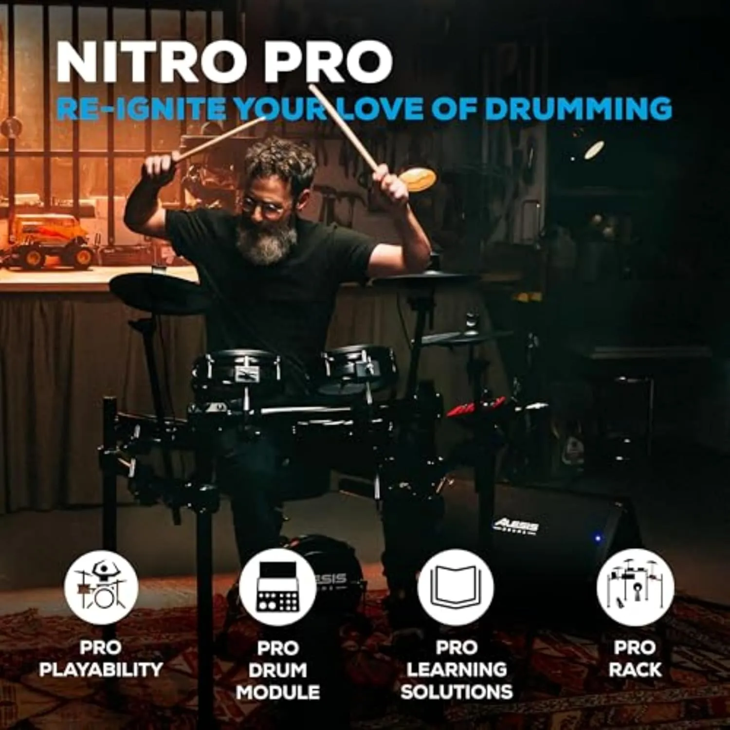 Alesis Nitro Pro Electric Drum Set with Dual Zone Quiet Mesh Pads, 500  Authentic BFD Sounds, Bluetooth, Drumeo, USB MIDI, Double Kick compatible