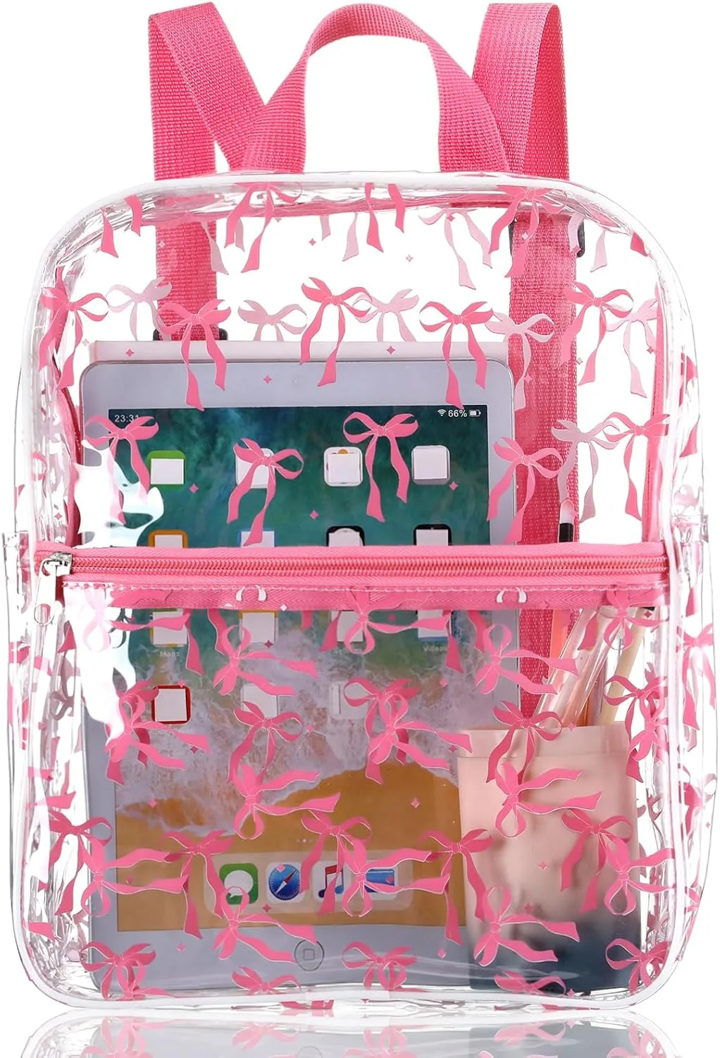 Aliceset Coquette Pink Bow Backpack Gift for School Girl 12x6x12 Small Pink Clear Backpack for Stadium Event Cute Bow Clear Bookbag Stadium Approved for Back to School Women Concert Sport Work Travel