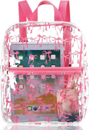 Aliceset Coquette Pink Bow Backpack Gift for School Girl 12x6x12 Small Pink Clear Backpack for Stadium Event Cute Bow Clear Bookbag Stadium Approved for Back to School Women Concert Sport Work Travel