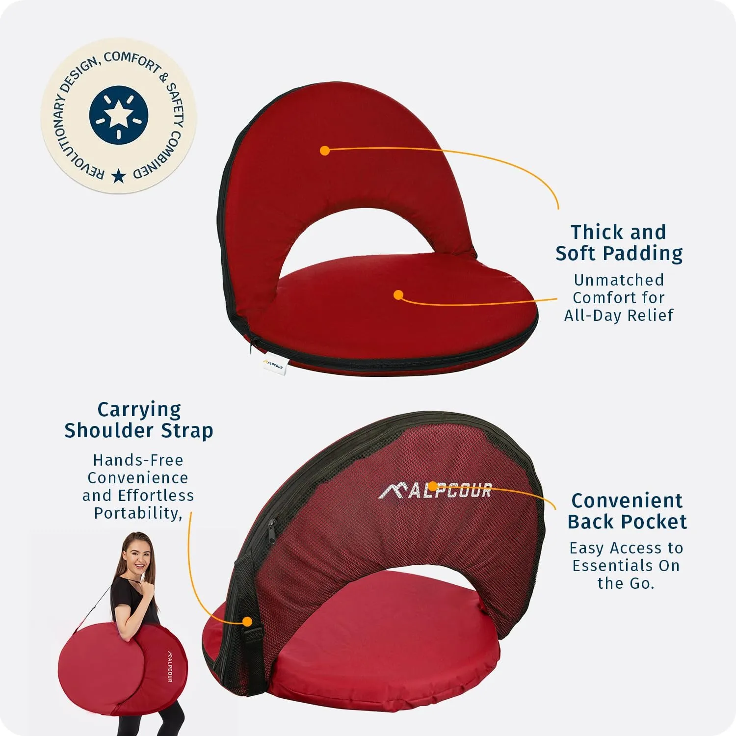 Alpcour Folding Stadium Seat – Deluxe Outdoor Camping Reclining Waterproof Cushion Chair for Bleachers – Best 6-Position Back Support Picnic Bleacher Seats w/Extra Thick Padding for Support & Comfort