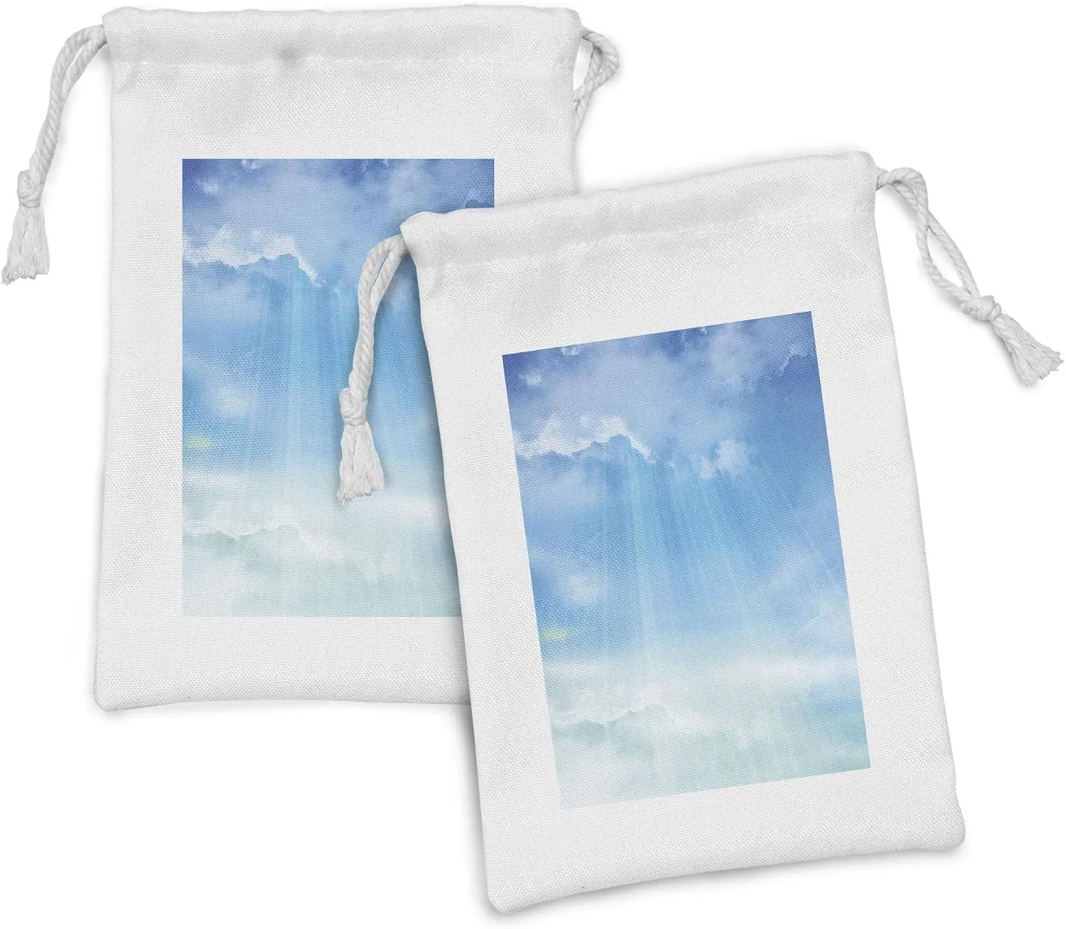 Ambesonne Blue Fabric Pouch Set of 2, Open Blue Skies with Fluffy Clouds Life Meaning Awaken, Small Drawstring Bag for Toiletries Masks and Favors, 9" x 6", Blue Pale Blue